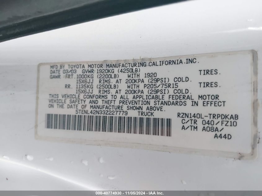 2003 Toyota Tacoma VIN: 5TENL42N33Z227779 Lot: 40774930