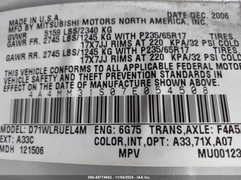 2007 Mitsubishi Endeavor Se VIN: 4A4MM31S07E054508 Lot: 40774942