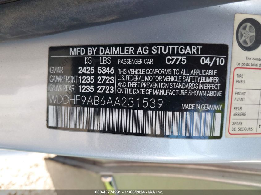 2010 Mercedes-Benz E 550 4Matic VIN: WDDHF9AB6AA231539 Lot: 40774991