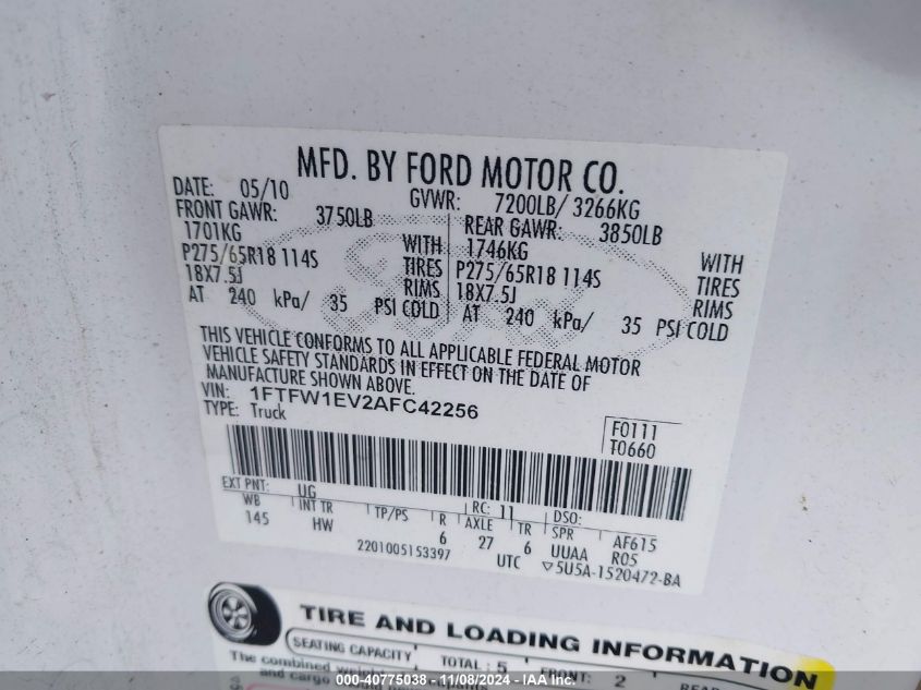 2010 Ford F-150 Fx4/Harley-Davidson/King Ranch/Lariat/Platinum/Xl/Xlt VIN: 1FTFW1EV2AFC42256 Lot: 40775038