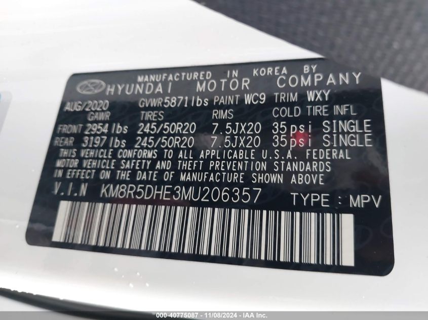 2021 HYUNDAI PALISADE VIN: KM8R5DHE3MU206357