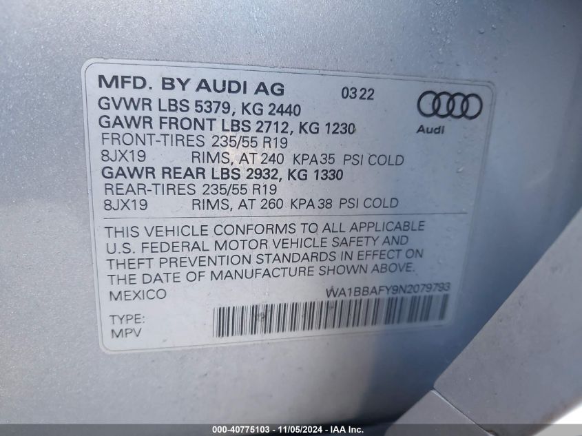 2022 Audi Q5 Premium Plus 40 Tfsi Quattro S Tronic VIN: WA1BBAFY9N2079793 Lot: 40775103