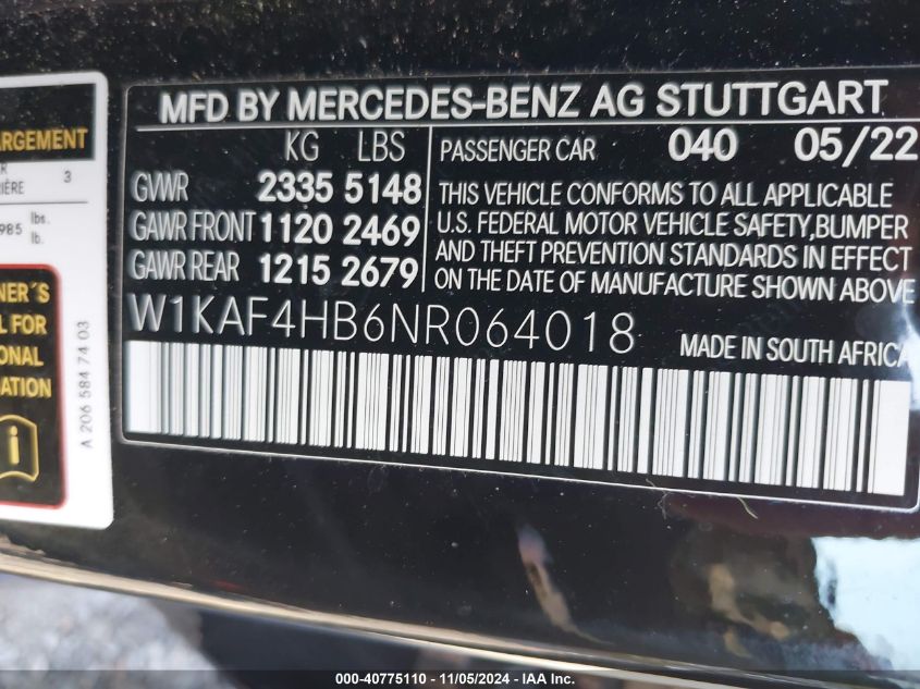 2022 Mercedes-Benz C 300 4Matic VIN: W1KAF4HB6NR064018 Lot: 40775110