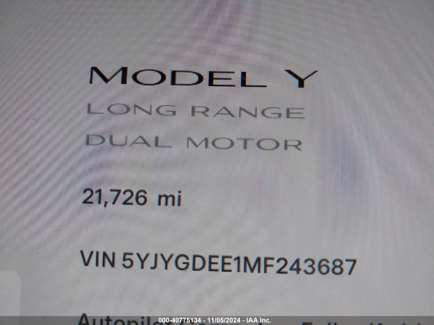 2021 Tesla Model Y Long Range Dual Motor All-Wheel Drive VIN: 5YJYGDEE1MF243687 Lot: 40775134