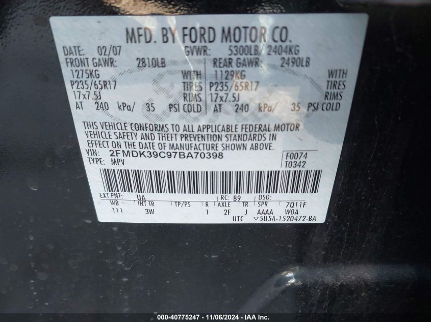 2007 Ford Edge Sel Plus VIN: 2FMDK39C97BA70398 Lot: 40775247