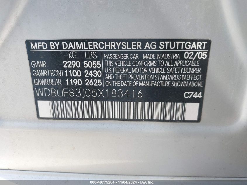 2005 Mercedes-Benz E 500 4Matic VIN: WDBUF83J05X183416 Lot: 40775284