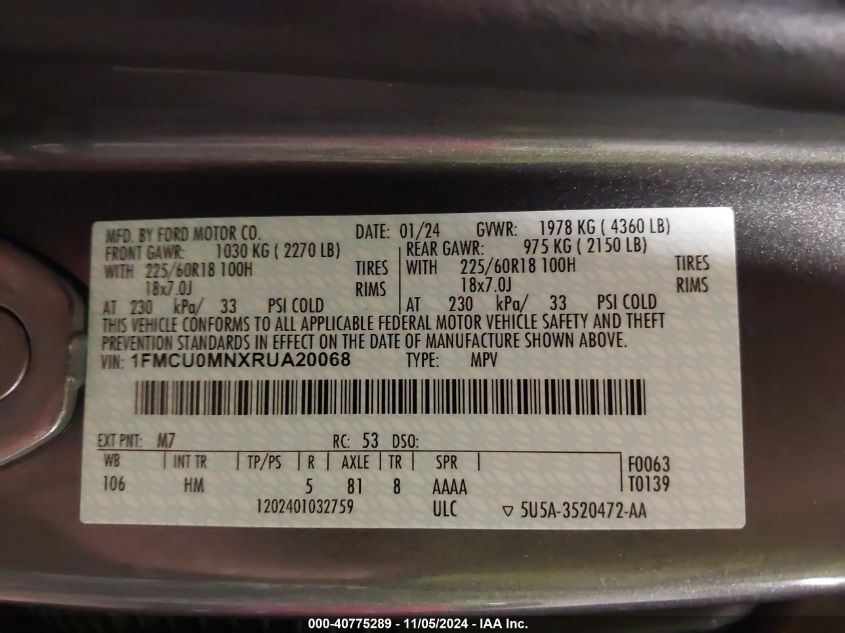 VIN 1FMCU0MNXRUA20068 2024 Ford Escape, St-Line no.9