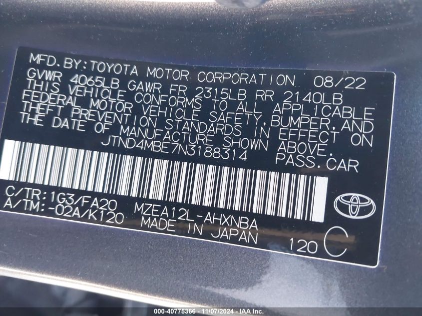 2022 Toyota Corolla Se VIN: JTND4MBE7N3188314 Lot: 40775366