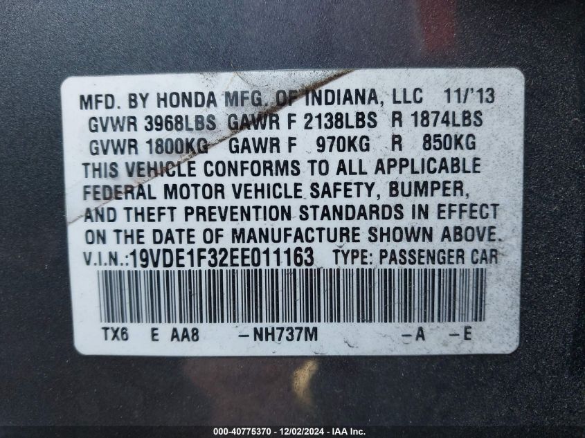 2014 Acura Ilx 20 VIN: 19VDE1F32EE011163 Lot: 40775370