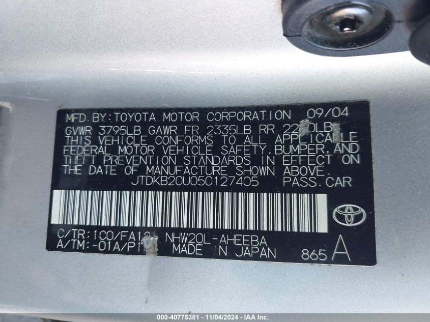 2005 Toyota Prius VIN: JTDKB20U050127405 Lot: 40775381