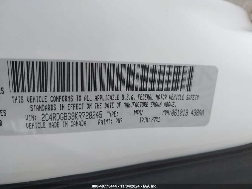 2019 Dodge Grand Caravan Se VIN: 2C4RDGBG9KR728245 Lot: 40775444