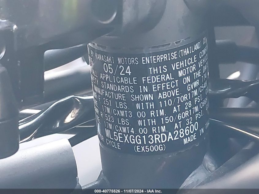 2024 Kawasaki Ex500 VIN: ML5EXGG13RBA28600 Lot: 40775526