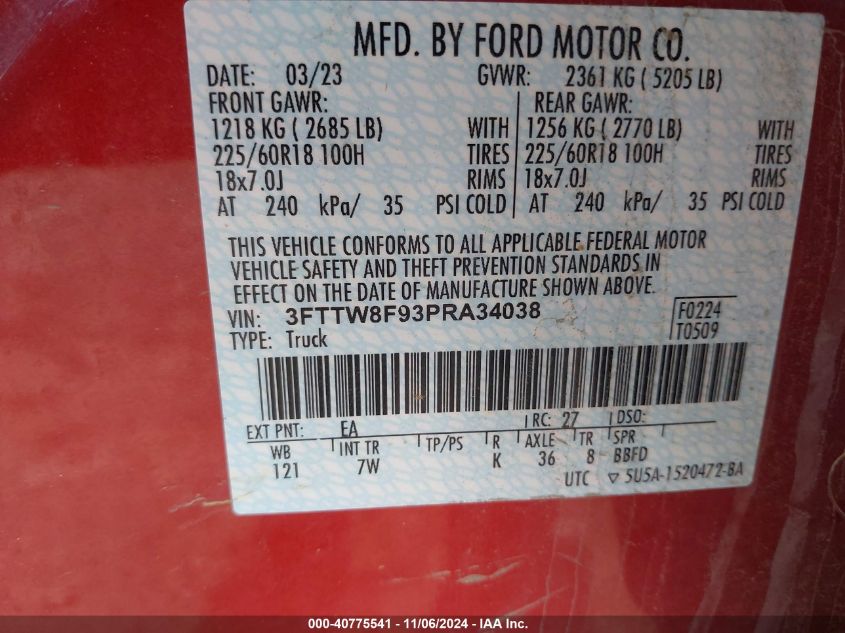 VIN 3FTTW8F93PRA34038 2023 FORD MAVERICK XLT
