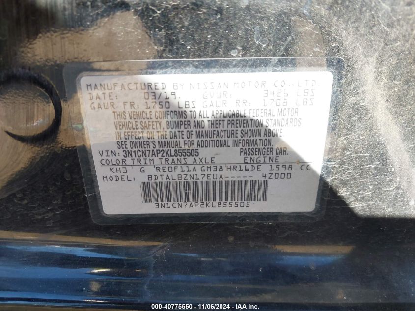 2019 NISSAN VERSA 1.6 SV - 3N1CN7AP2KL855505