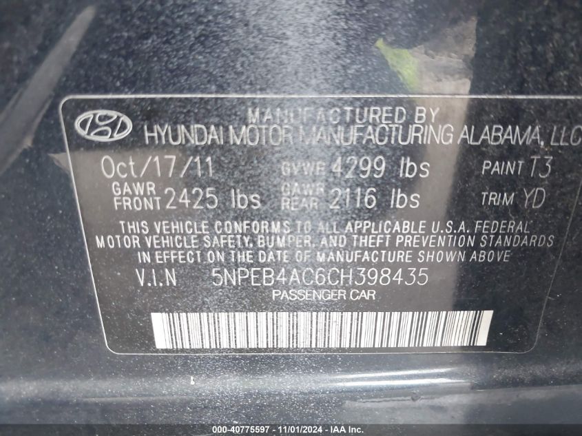 2012 Hyundai Sonata Gls VIN: 5NPEB4AC6CH398435 Lot: 40775597