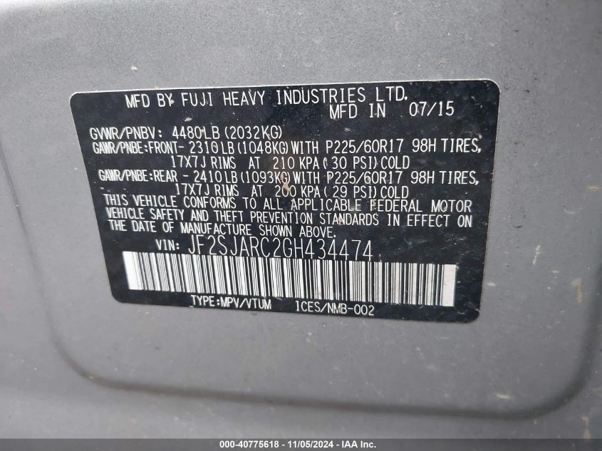 2016 SUBARU FORESTER 2.5I LIMITED - JF2SJARC2GH434474