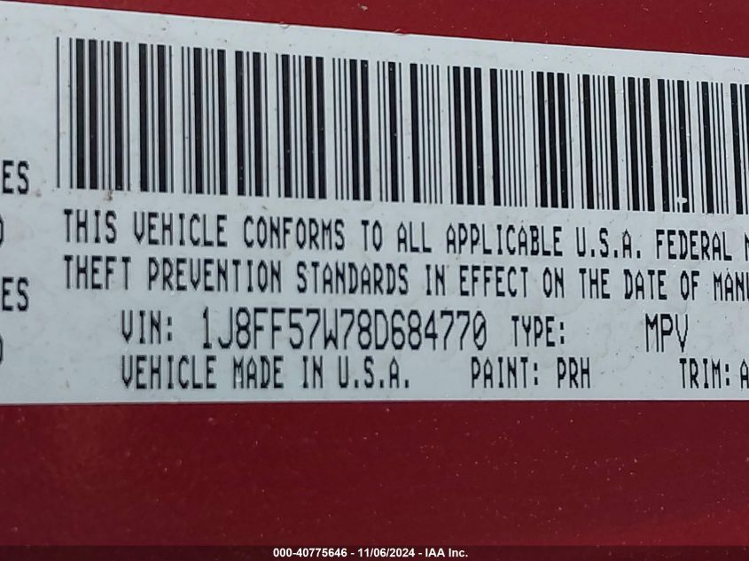 2008 Jeep Compass Limited VIN: 1J8FF57W78D684770 Lot: 40775646