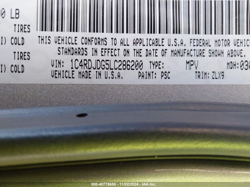 VIN 1C4RDJDG5LC286200 2020 DODGE DURANGO GT PLUS AWD