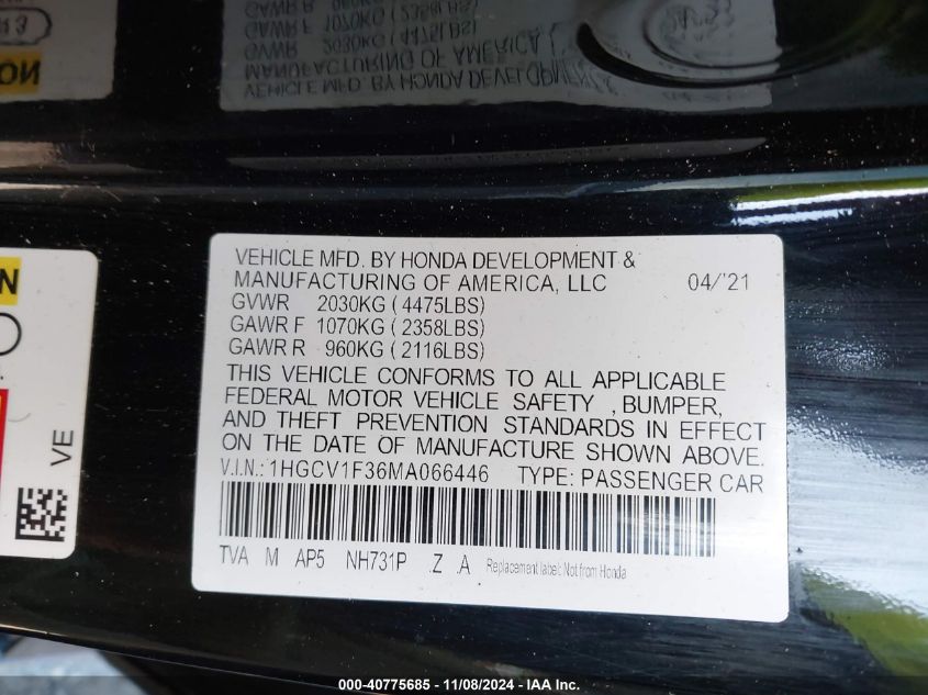 2021 Honda Accord Sport VIN: 1HGCV1F36MA066446 Lot: 40775685