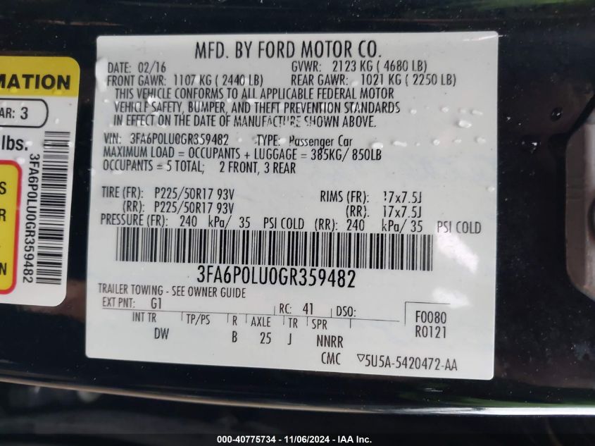 2016 Ford Fusion Hybrid Se VIN: 3FA6P0LU0GR359482 Lot: 40775734