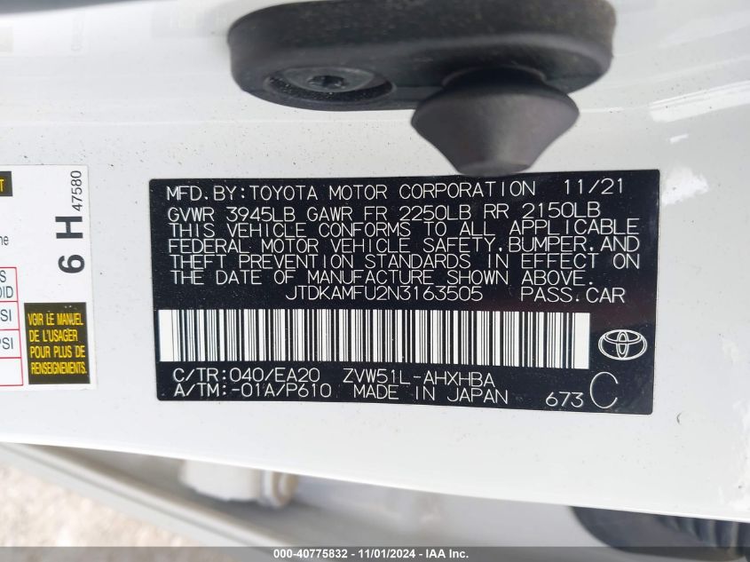 2022 Toyota Prius Nightshade Edition VIN: JTDKAMFU2N3163505 Lot: 40775832