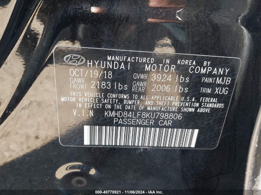 VIN KMHD84LF8KU798806 2019 Hyundai Elantra, Value E... no.9