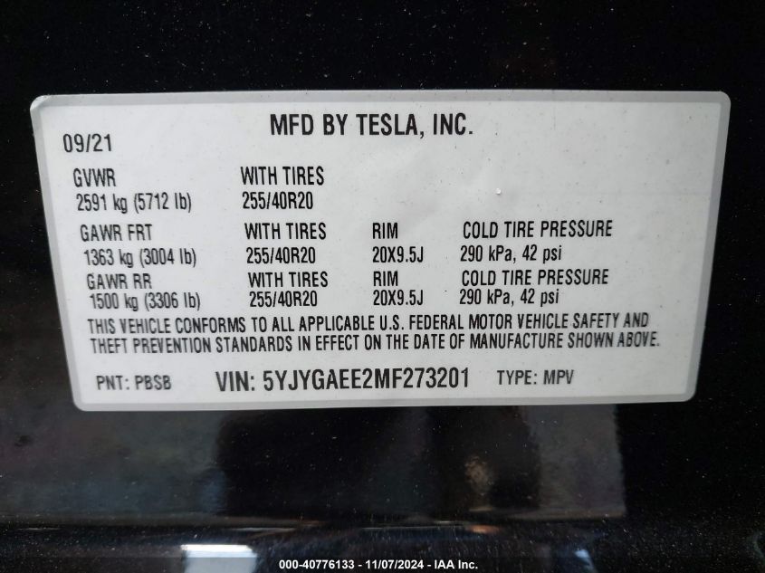 2021 TESLA MODEL Y - 5YJYGAEE2MF273201