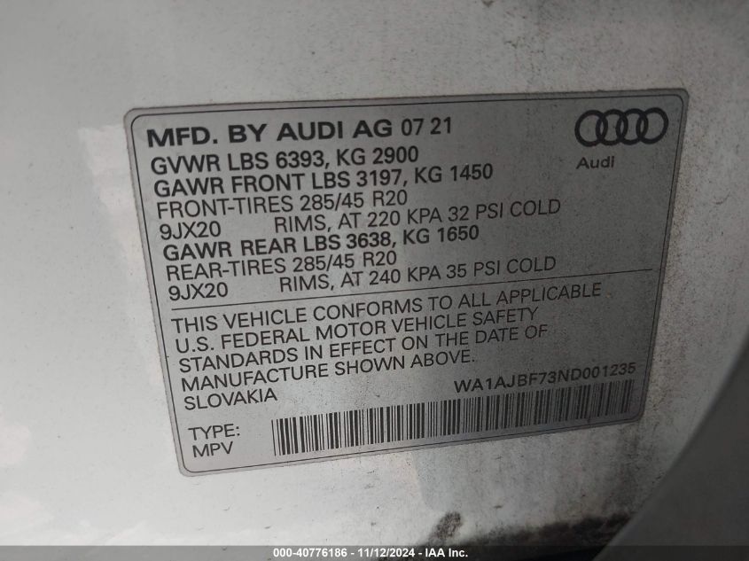 2022 Audi Q7 Premium 45 Tfsi Quattro Tiptronic VIN: WA1AJBF73ND001235 Lot: 40776186