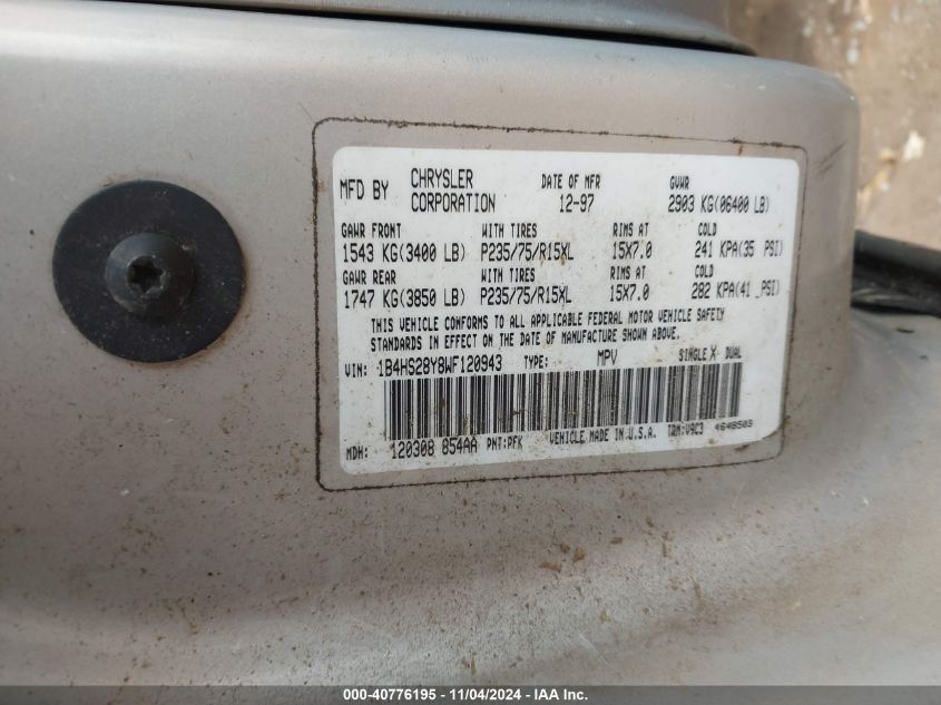 1998 Dodge Durango Slt VIN: 1B4HS28Y8WF120943 Lot: 40776195