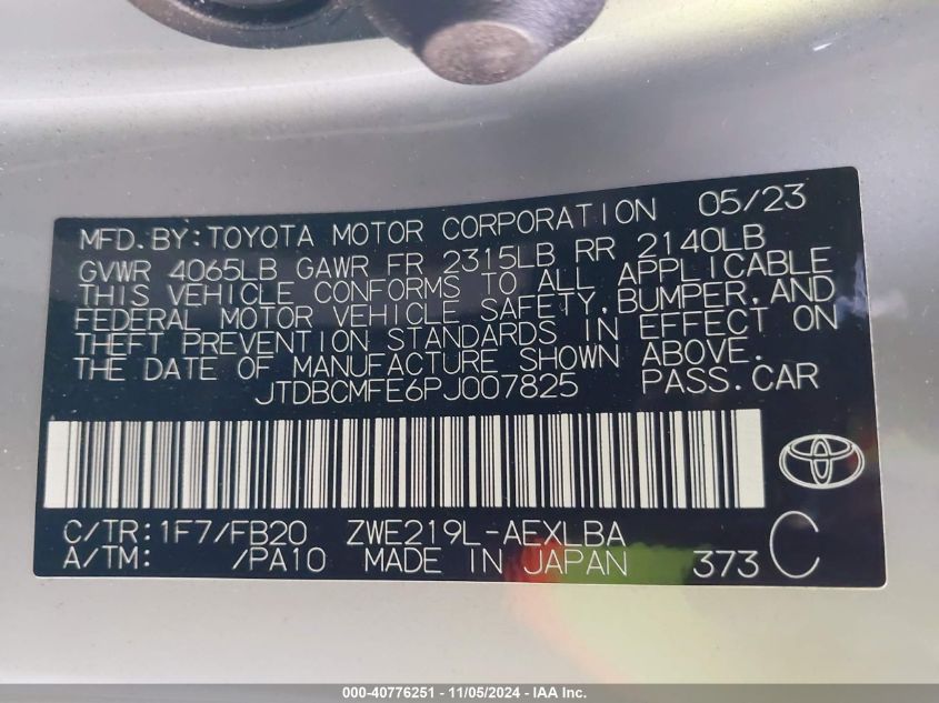 2023 Toyota Corolla Hybrid Le VIN: JTDBCMFE6PJ007825 Lot: 40776251