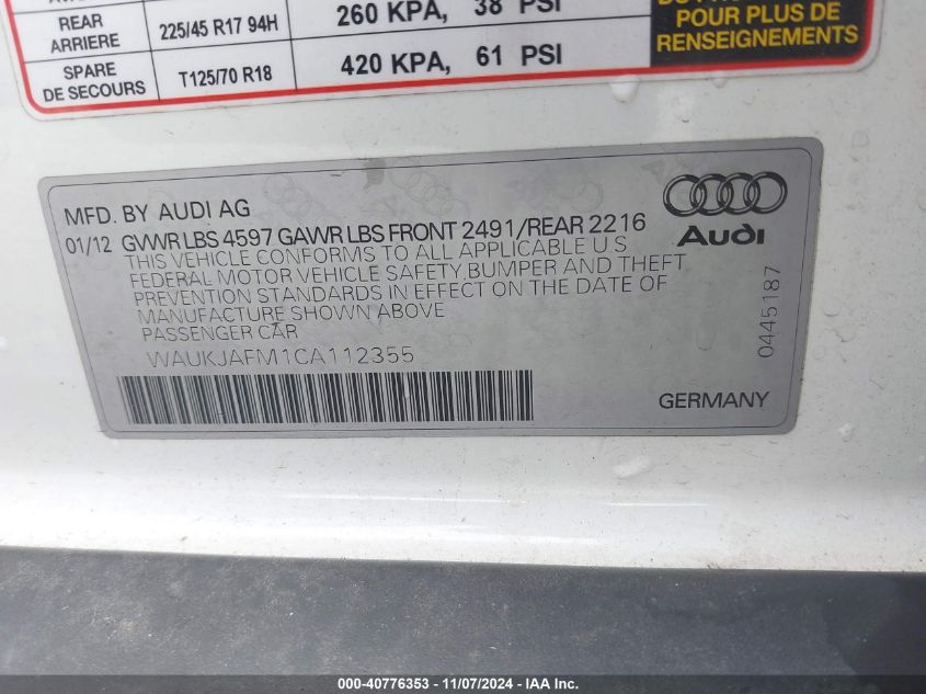 2012 Audi A3 2.0 Tdi Premium VIN: WAUKJAFM1CA112355 Lot: 40776353