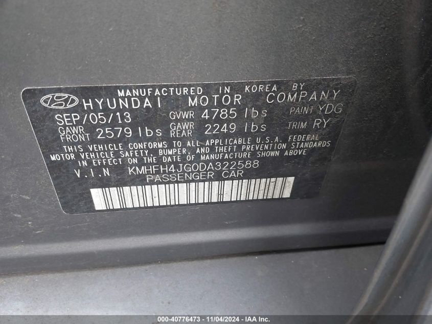 2013 Hyundai Azera Gls/Limited VIN: KMHFH4JG0DA322588 Lot: 40776473