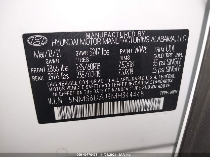 2021 Hyundai Santa Fe Sel VIN: 5NMS6DAJ3MH344448 Lot: 40776475