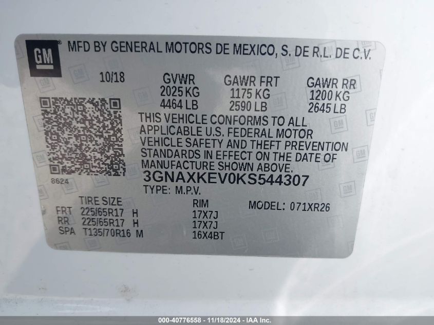 VIN 3GNAXKEV0KS544307 2019 Chevrolet Equinox, LT no.9