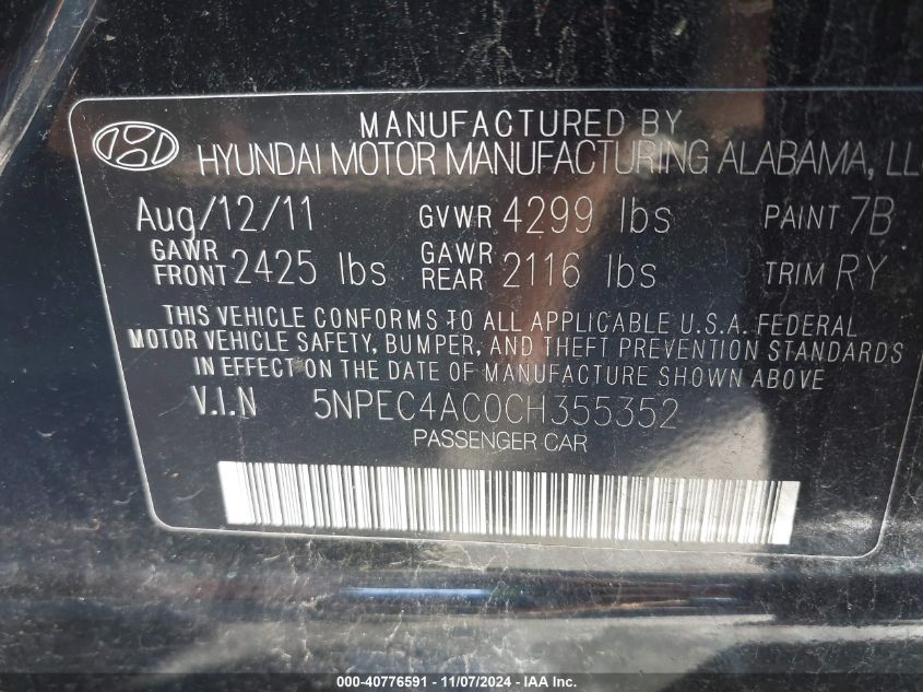 2012 Hyundai Sonata Se VIN: 5NPEC4AC0CH355352 Lot: 40776591