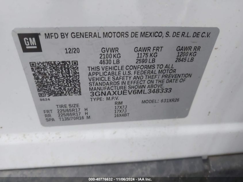 2021 Chevrolet Equinox Awd Lt VIN: 3GNAXUEV6ML348333 Lot: 40776632