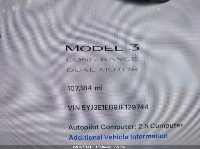 2018 Tesla Model 3 Long Range/Performance VIN: 5YJ3E1EB9JF129744 Lot: 40776641