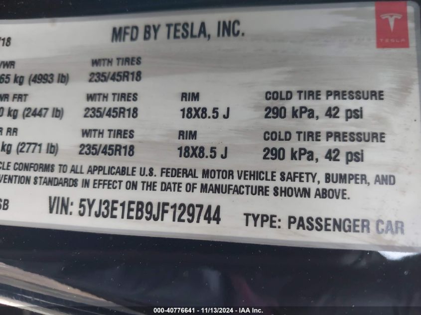 2018 TESLA MODEL 3 LONG RANGE/PERFORMANCE - 5YJ3E1EB9JF129744