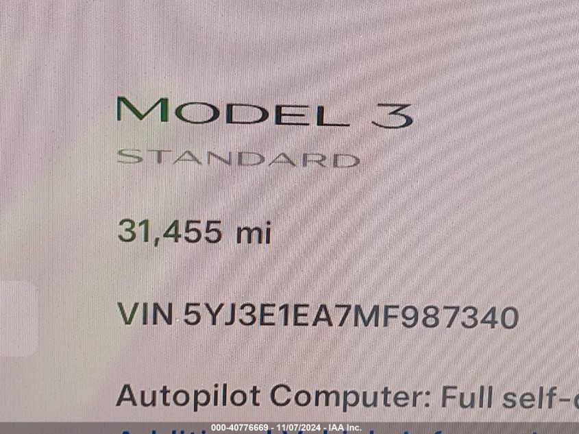 2021 Tesla Model 3 Standard Range Plus Rear-Wheel Drive VIN: 5YJ3E1EA7MF987340 Lot: 40776669