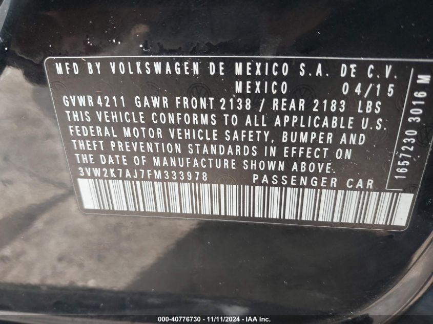 2015 VOLKSWAGEN JETTA 2.0L S - 3VW2K7AJ7FM333978