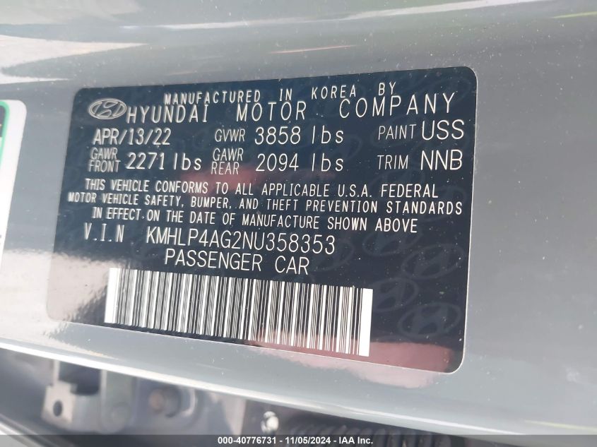 2022 Hyundai Elantra Limited VIN: KMHLP4AG2NU358353 Lot: 40776731