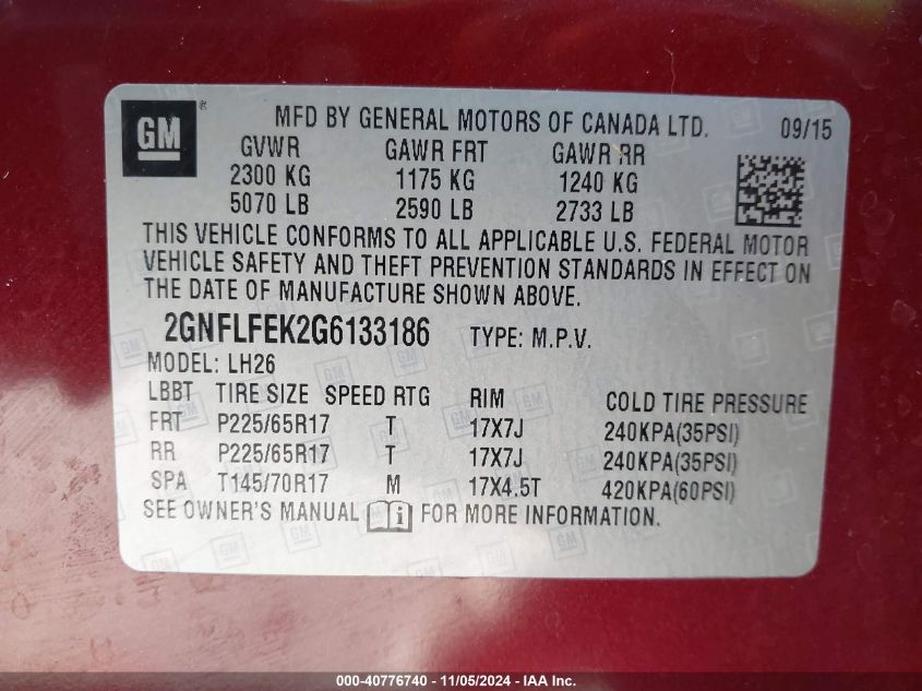 VIN 2GNFLFEK2G6133186 2016 Chevrolet Equinox, LT no.9