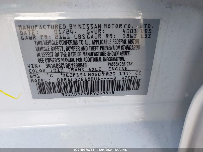 2024 Nissan Sentra Sv Xtronic Cvt VIN: 3N1AB8CV8RY289848 Lot: 40776754