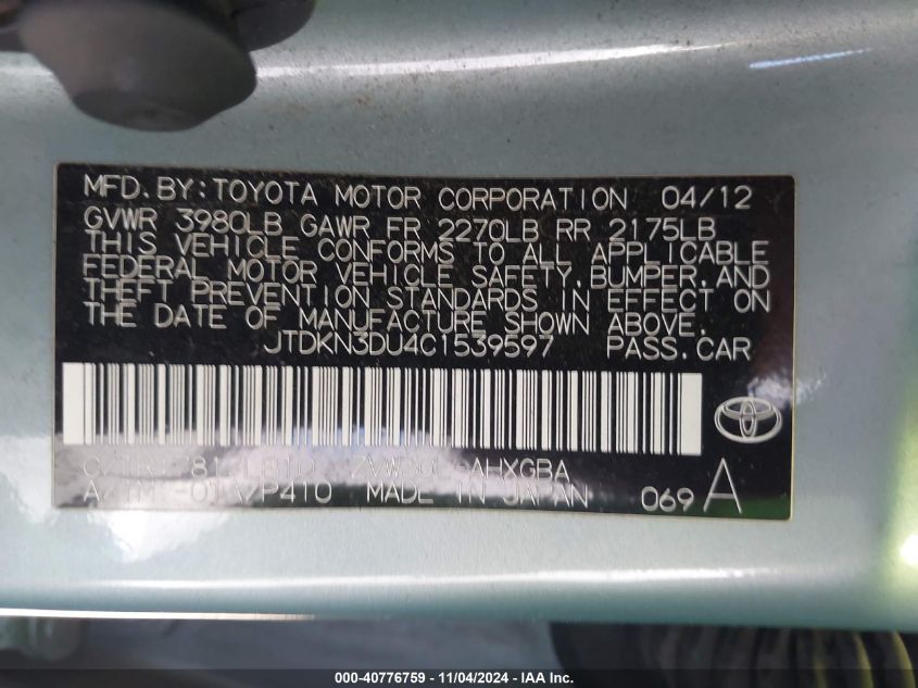 2012 Toyota Prius VIN: JTDKN3DU4C1539597 Lot: 40776759