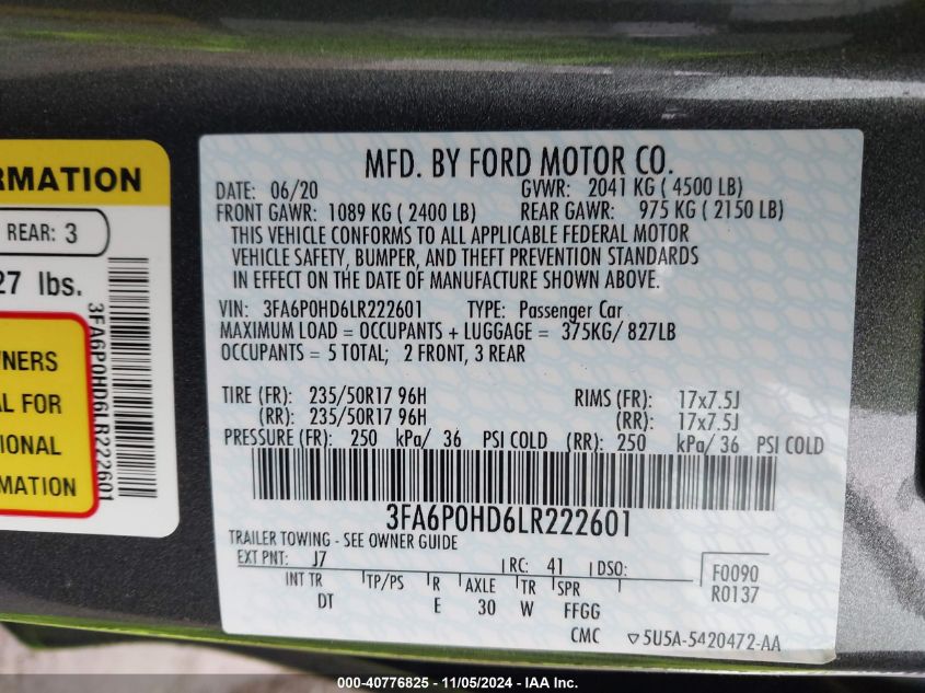 2020 Ford Fusion Se VIN: 3FA6P0HD6LR222601 Lot: 40776825