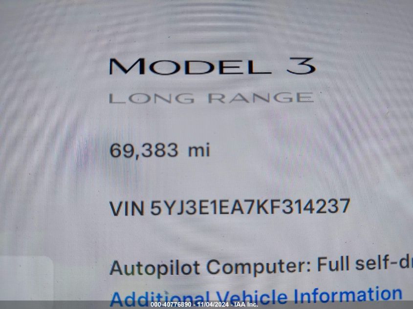 2019 Tesla Model 3 Long Range/Mid Range/Standard Range/Standard Range Plus VIN: 5YJ3E1EA7KF314237 Lot: 40776890