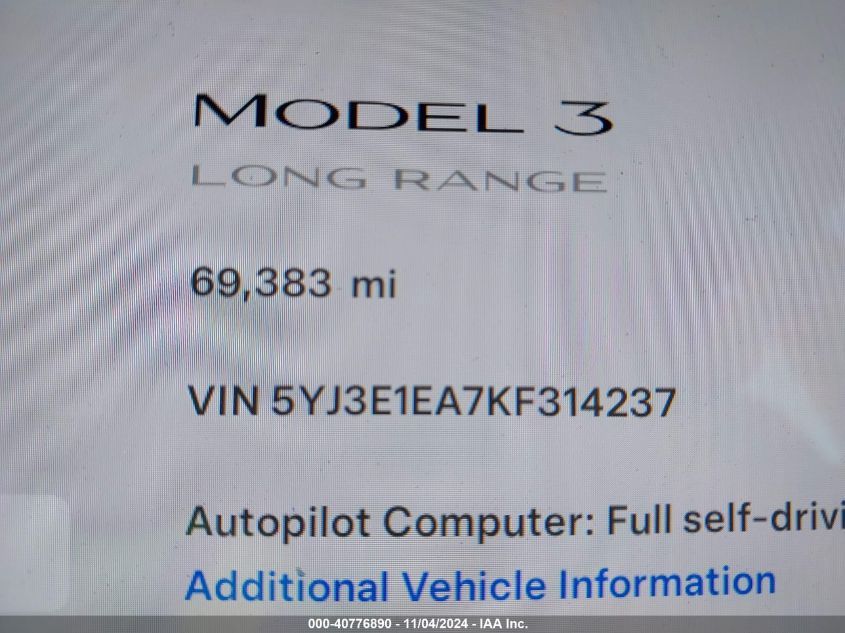 2019 Tesla Model 3 Long Range/Mid Range/Standard Range/Standard Range Plus VIN: 5YJ3E1EA7KF314237 Lot: 40776890