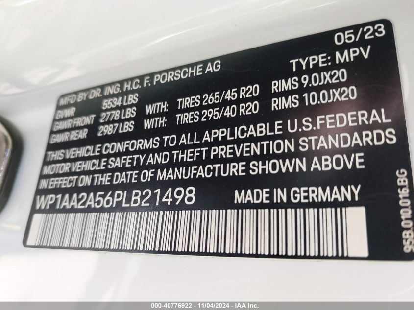 2023 Porsche Macan T VIN: WP1AA2A56PLB21498 Lot: 40776922