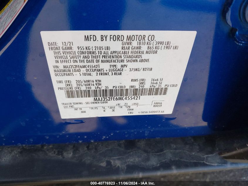 2021 Ford Ecosport S VIN: MAJ3S2FE6MC455421 Lot: 40776923