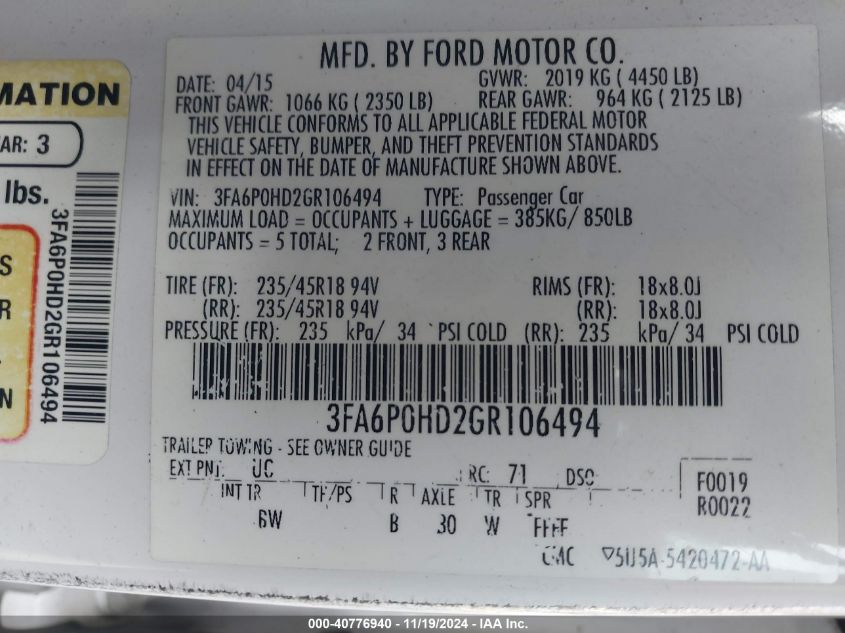 2016 FORD FUSION SE - 3FA6P0HD2GR106494